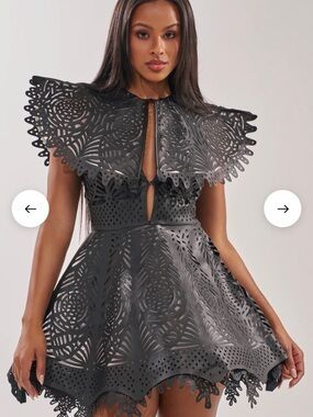 AKIRA Black Laser-Cut Mini Dress with Scalloped Cape